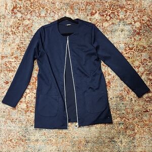 Navy Blue Blazer with Collarless Design and Streamlined Silhouette